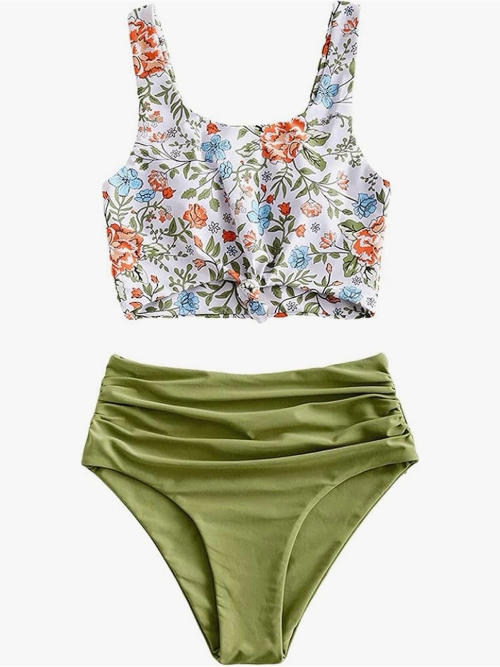 Women’s high waisted tankini scoop neck knotted two piece swim suit